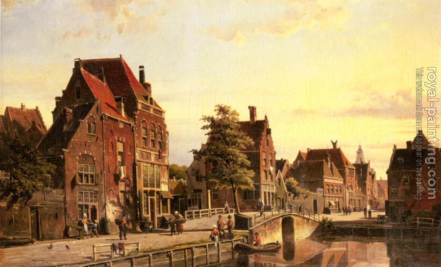 Willem Koekkoek : Figures By A Canal In A Dutch Town
